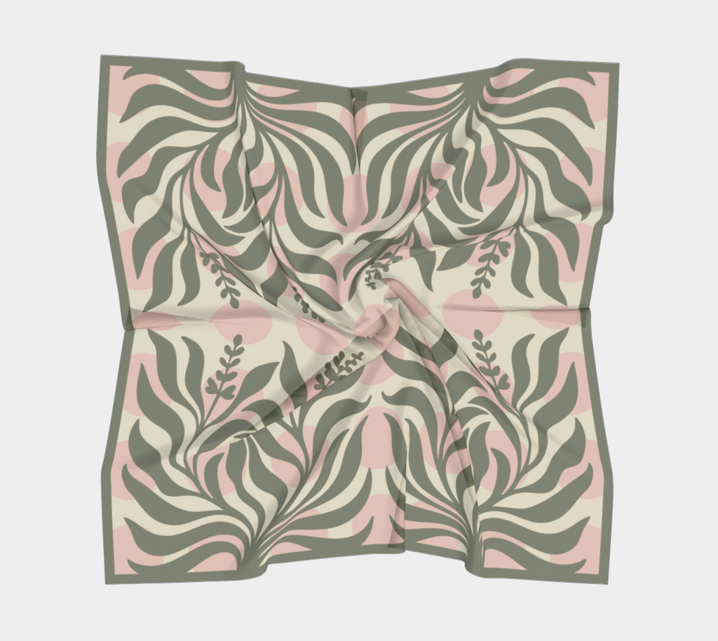 Sage Botanical pink square silk scarf