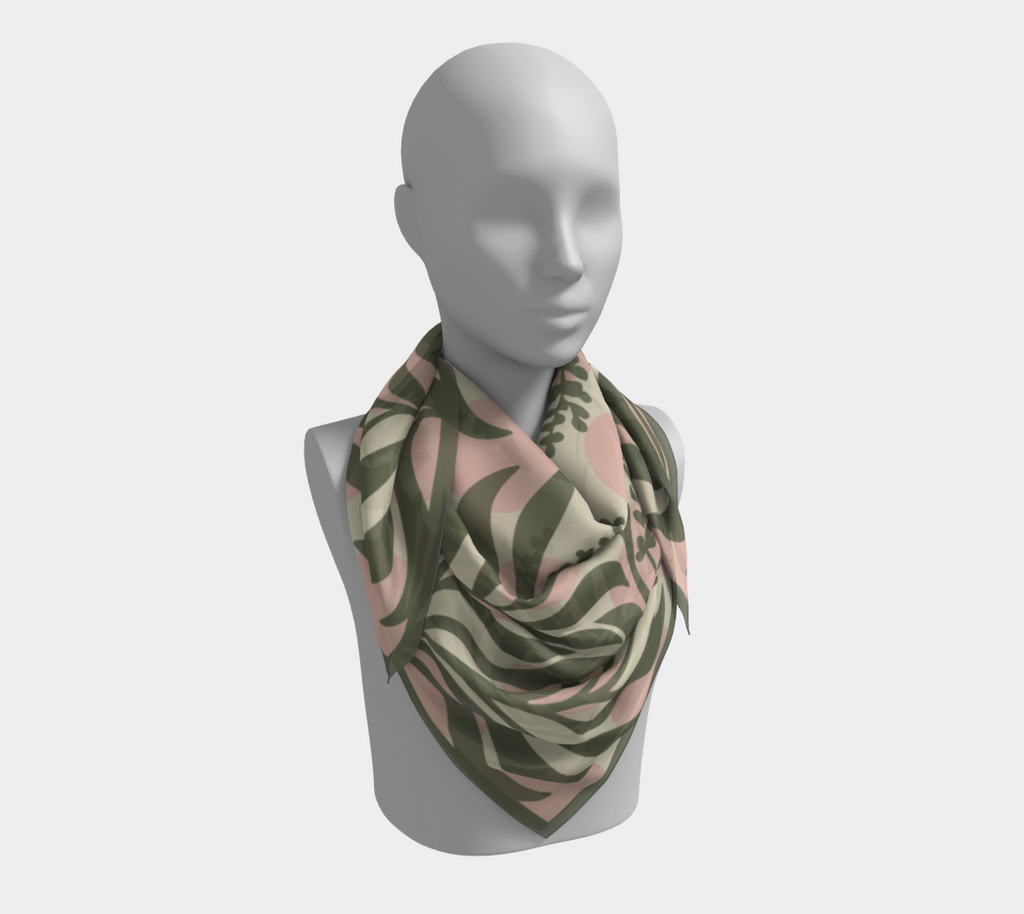 Sage Botanical pink square silk scarf