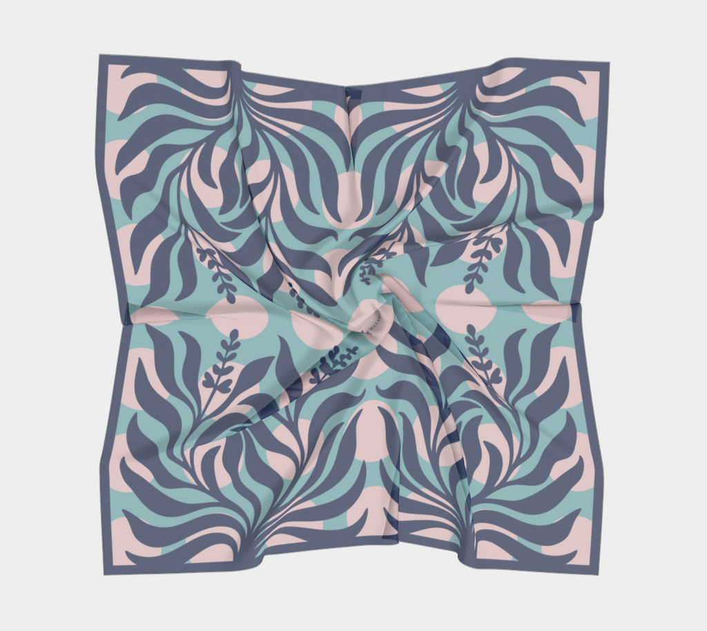 Sage Botanical blue square silk scarf