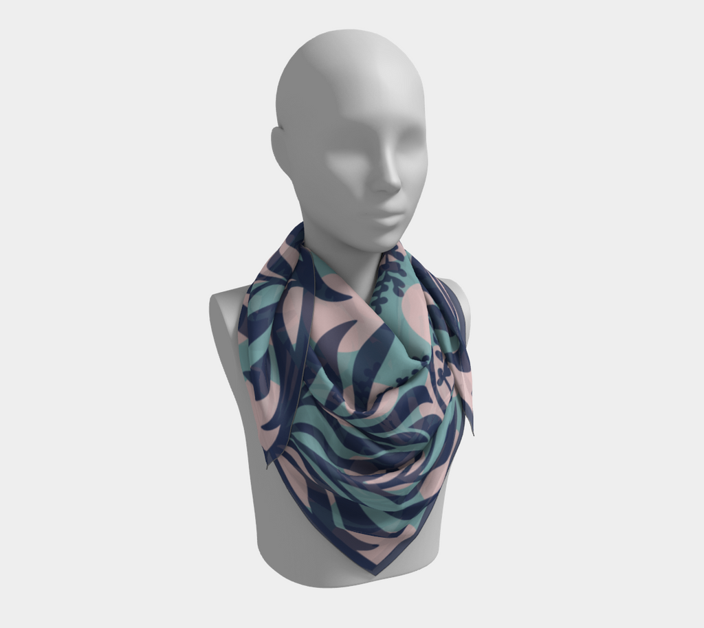 Sage Botanical blue square silk scarf