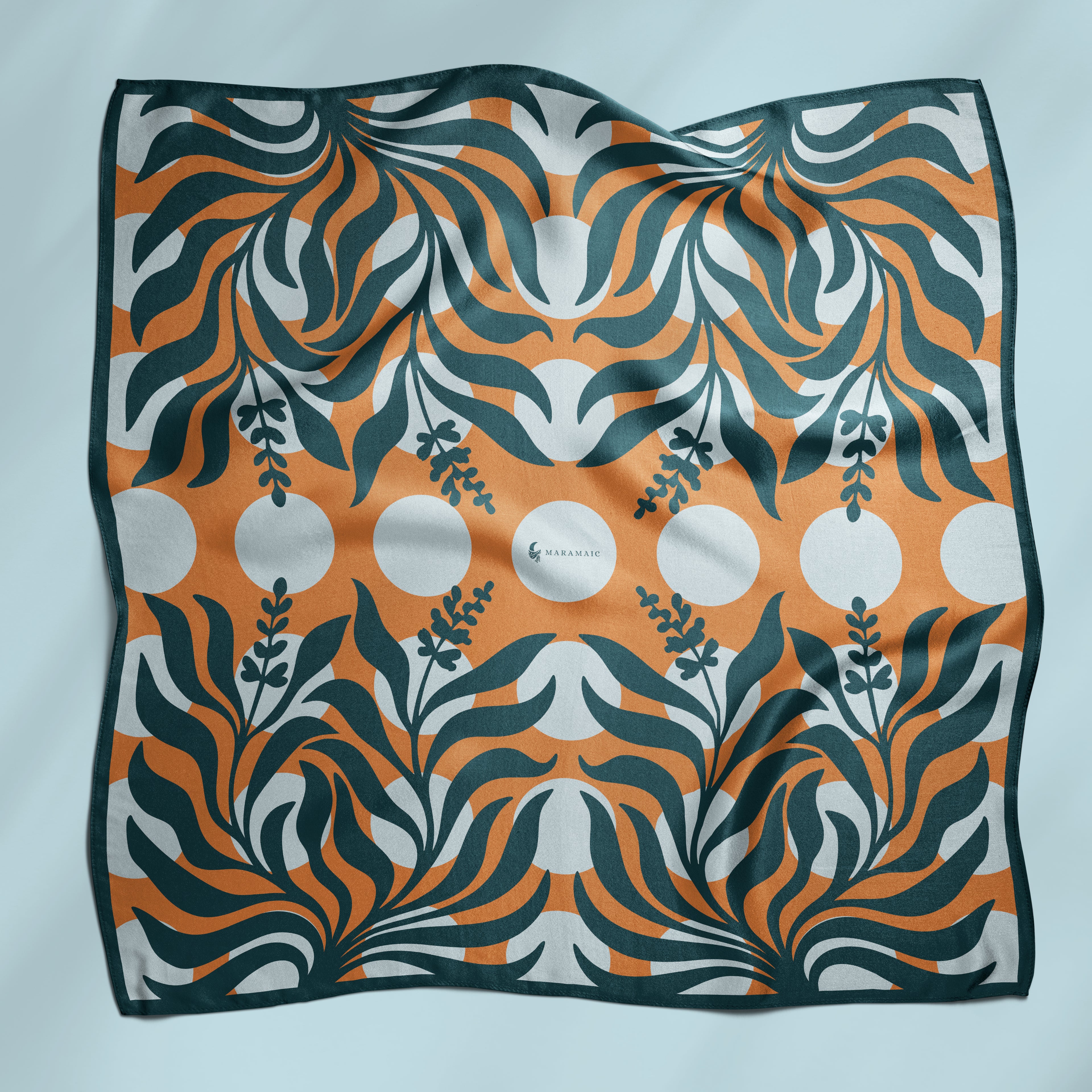 Sage Botanical orange square silk scarf