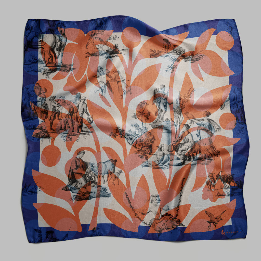 Harvest Ritual blue orange silk scarf