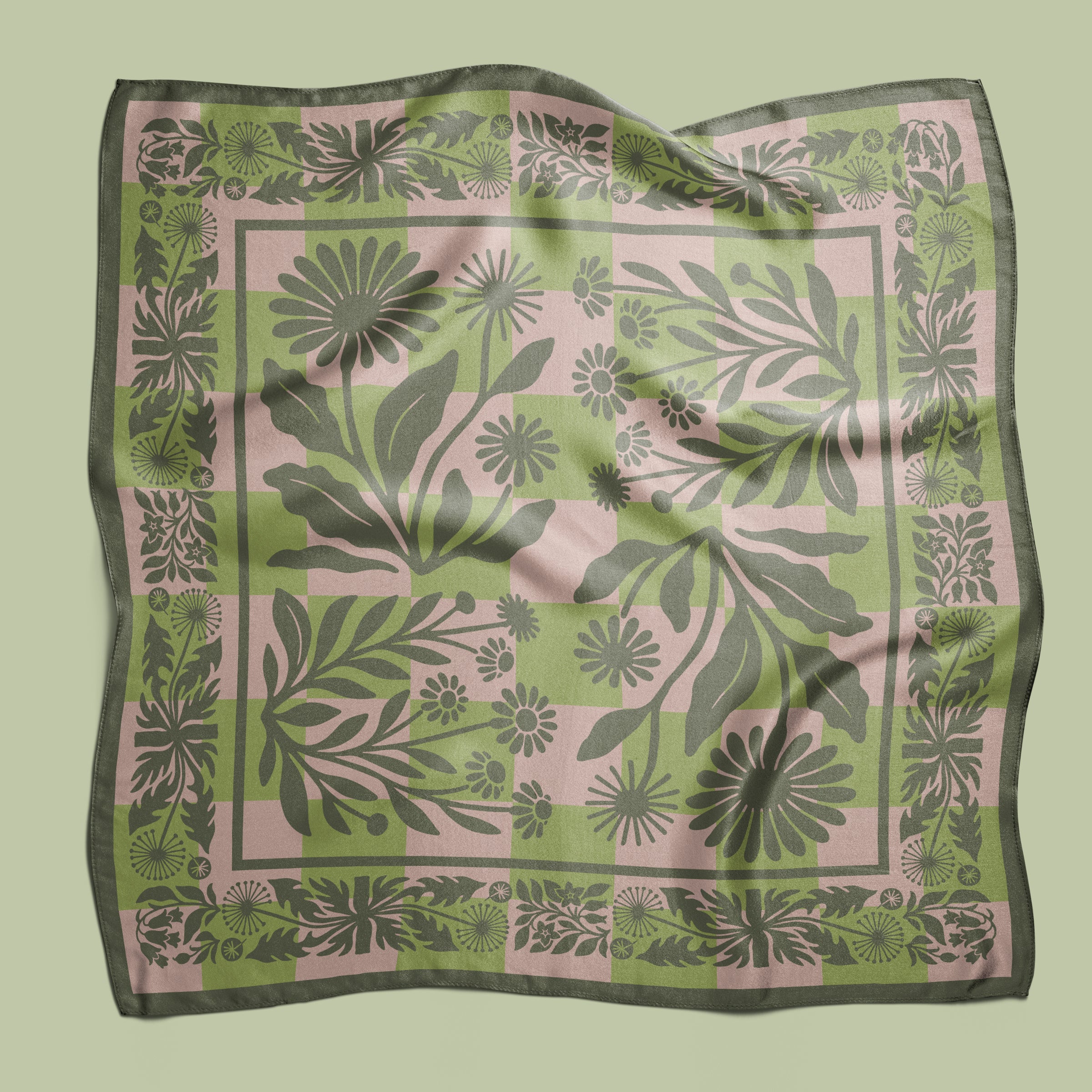 Botanica Nocturna green square silk scarf
