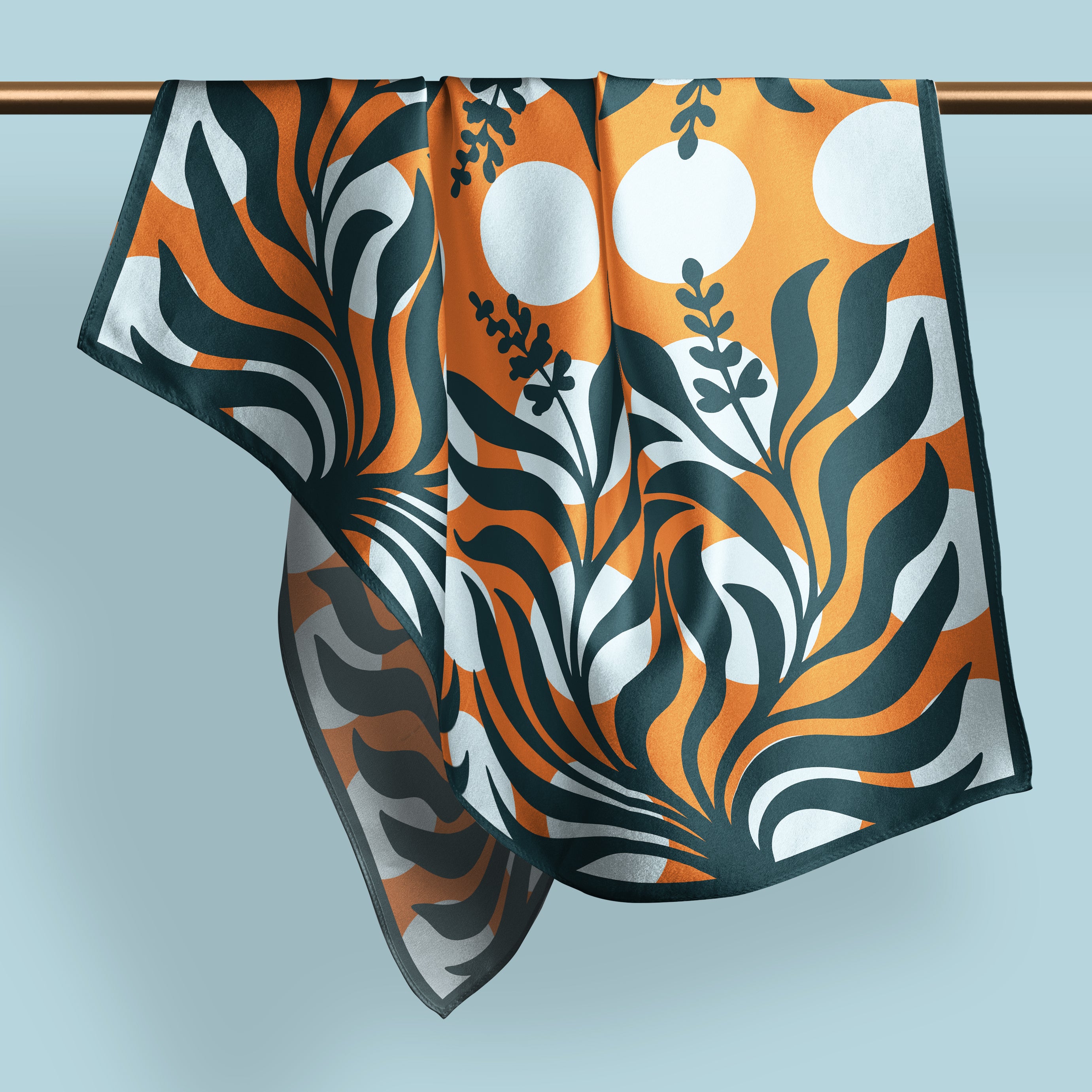 Sage Botanical orange square silk scarf