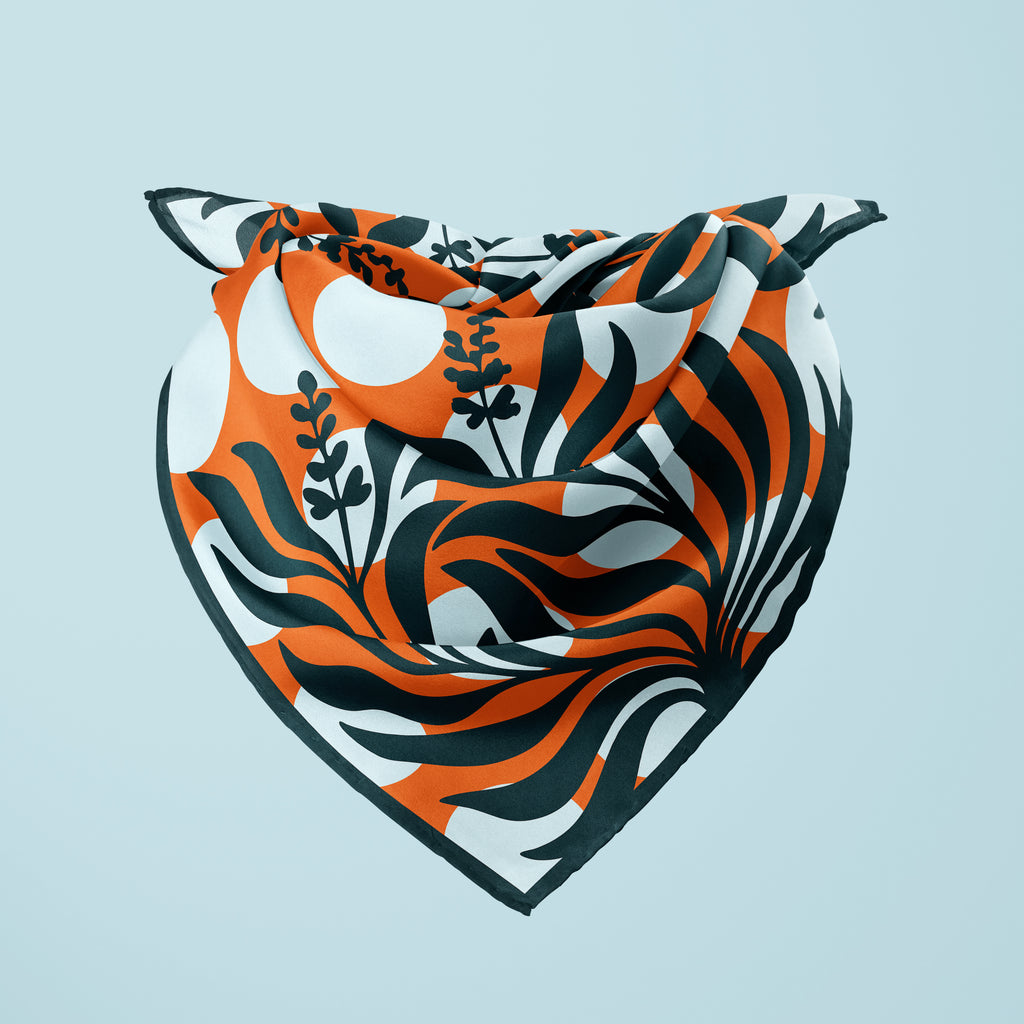 Sage Botanical orange square silk scarf